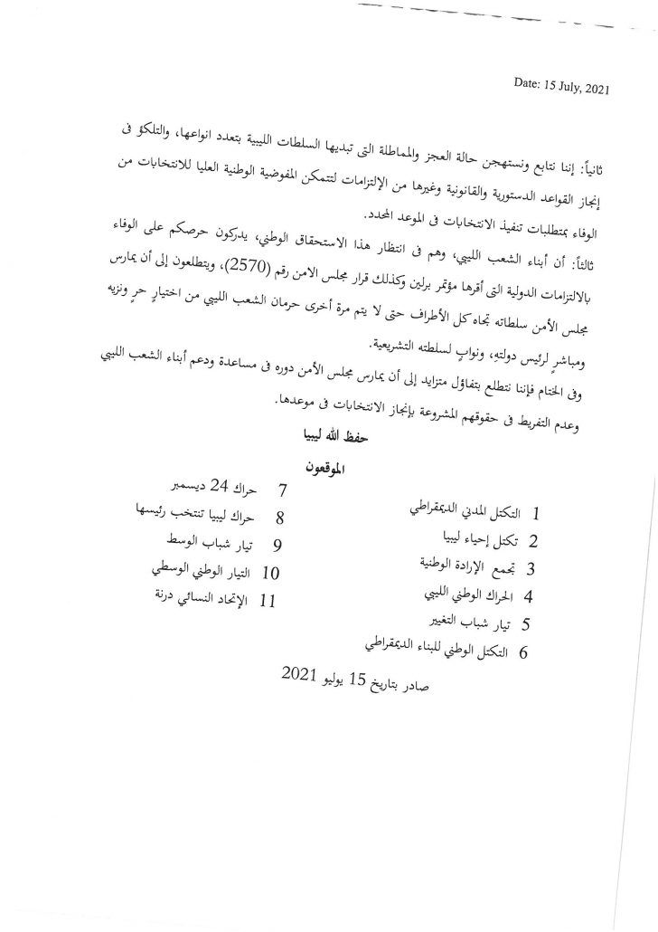 رسالة الاحزاب والتكتلات السياسية الليبية إلى مجلس الامن والامم المتحدة